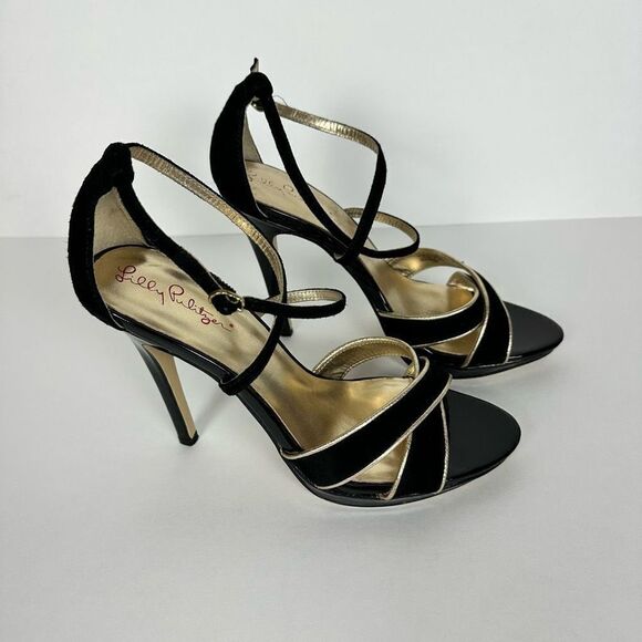 Lilly Pulitzer Bella Black Gold Strappy Heel size 7.5M - Picture 2 of 14